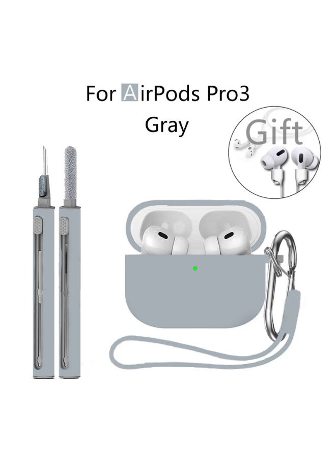 Silicone protective cover for AirPods Pro 3, with detergent kit, women's and men's keychain, suitable for the third-generation shell gift sports lanyard (gray) - Image 1