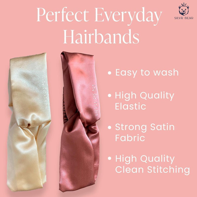 SILVR BEAR Satin Hairband | Pack of 2 | Aesthetic Turban Hairband Korean Style Twisted Cross Knot Head Band for Women | Fabric Elastic hair band for women (Mauve + Champagne For Girls Age 5 to 12) - Image 2
