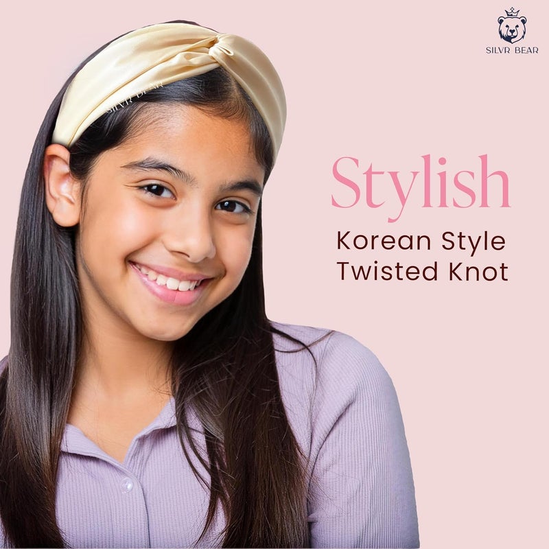 SILVR BEAR Satin Hairband | Pack of 2 | Aesthetic Turban Hairband Korean Style Twisted Cross Knot Head Band for Women | Fabric Elastic hair band for women (Mauve + Champagne For Girls Age 5 to 12) - Image 5