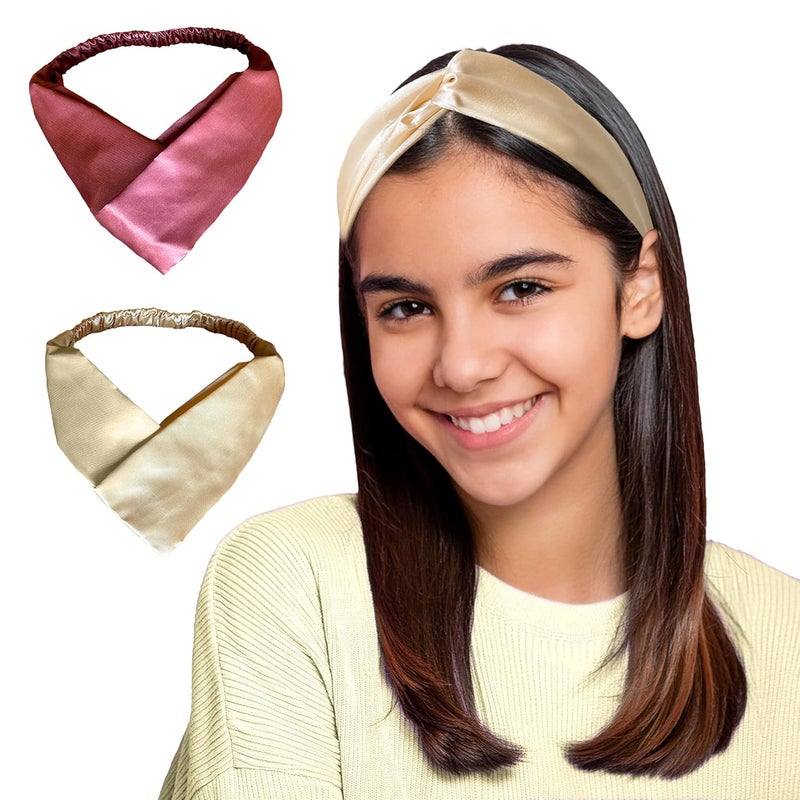 SILVR BEAR Satin Hairband | Pack of 2 | Aesthetic Turban Hairband Korean Style Twisted Cross Knot Head Band for Women | Fabric Elastic hair band for women (Mauve + Champagne For Girls Age 5 to 12) - Image 1