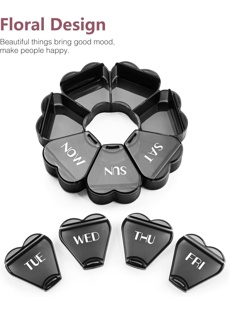 Large Pill Organizer 7 Day, Pretty Weekly Pill Box Case, Girly Medicine Dispenser Container for Vitamin, Gummy, Medication, Supplement (Black) - Image 2