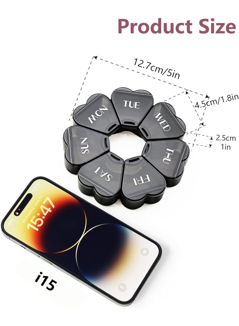 Large Pill Organizer 7 Day, Pretty Weekly Pill Box Case, Girly Medicine Dispenser Container for Vitamin, Gummy, Medication, Supplement (Black) - Image 3