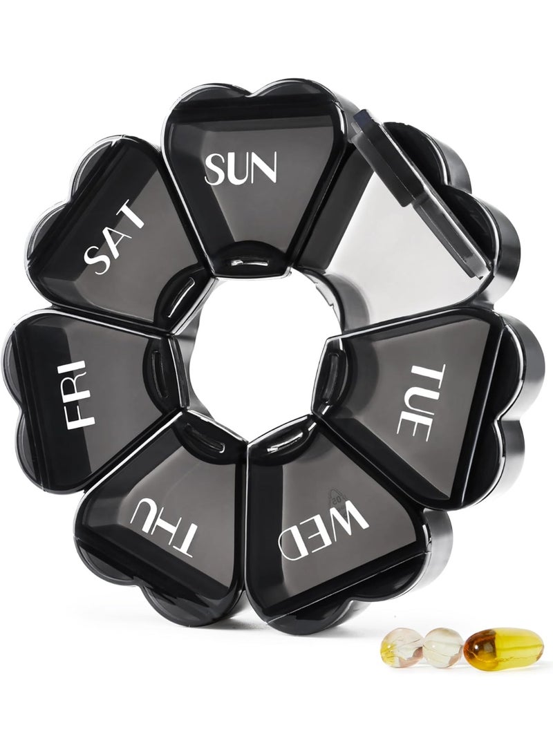 Large Pill Organizer 7 Day, Pretty Weekly Pill Box Case, Girly Medicine Dispenser Container for Vitamin, Gummy, Medication, Supplement (Black) - Image 1