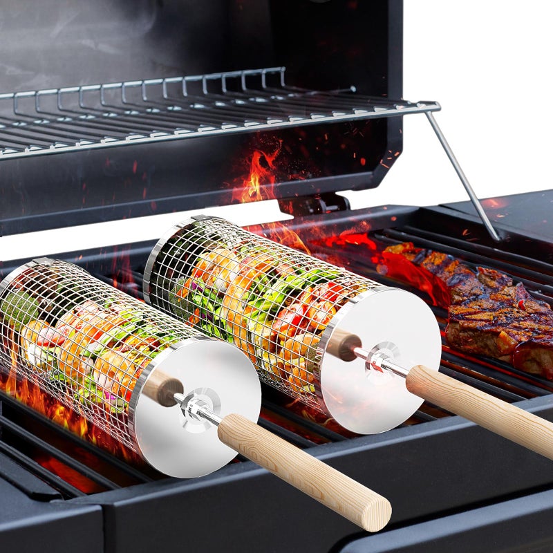 ivtivfu Rolling Grill Basket Removable Wooden Handle 304 Stainless Steel Nesting BBQ Tools Smoker Grilling Accessories for Vegetable Outdoor Cooking Camping Birthday Gifts for Men Dad Husband