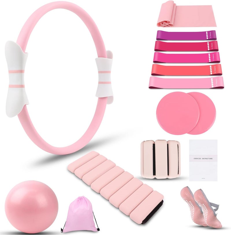 MIELIA 16 PCS Pink Pilates Ring and Ball Set for Women - Home Pilates Equipment Kit - Image 1
