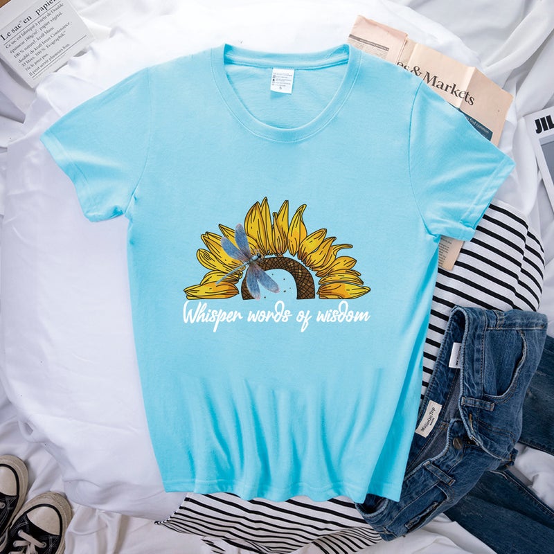 wish supply Lady = Dragonfly sunflower letter printing loose short sleeve t-shirt - Image 5
