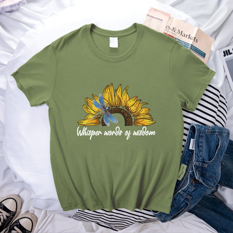 wish supply Lady = Dragonfly sunflower letter printing loose short sleeve t-shirt - Image 1