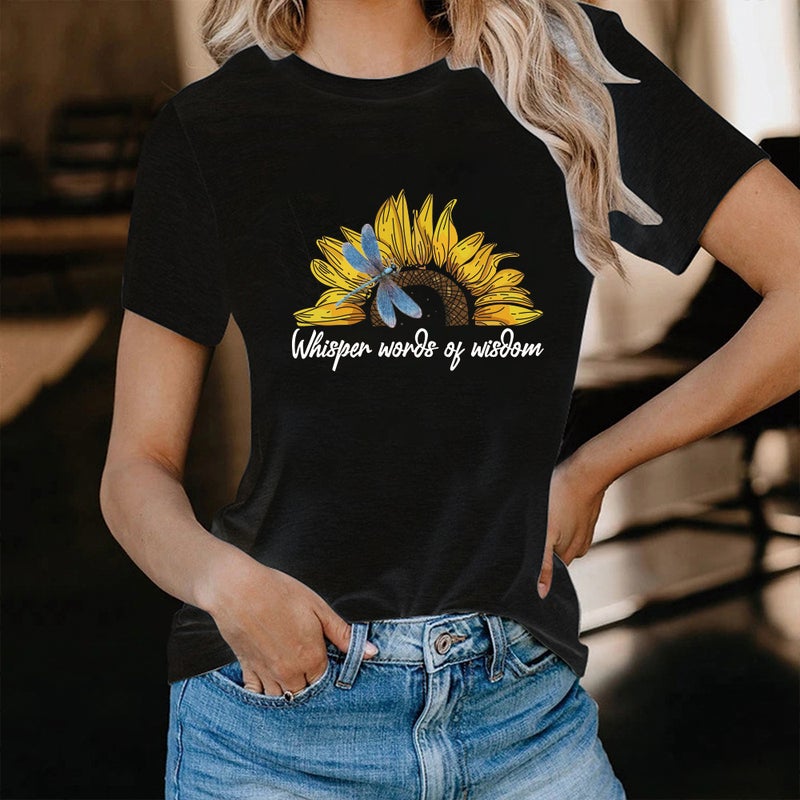 wish supply Lady = Dragonfly sunflower letter printing loose short sleeve t-shirt - Image 2