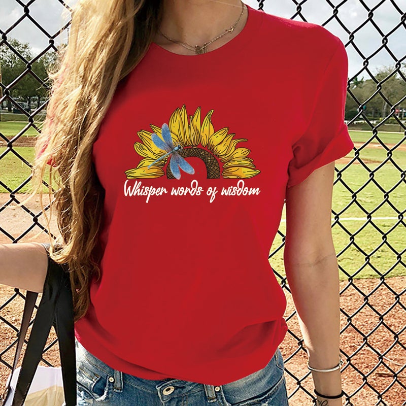 wish supply Lady = Dragonfly sunflower letter printing loose short sleeve t-shirt - Image 3