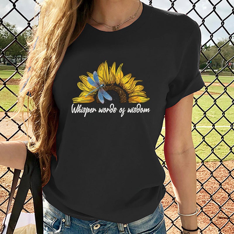 wish supply Lady = Dragonfly sunflower letter printing loose short sleeve t-shirt - Image 4