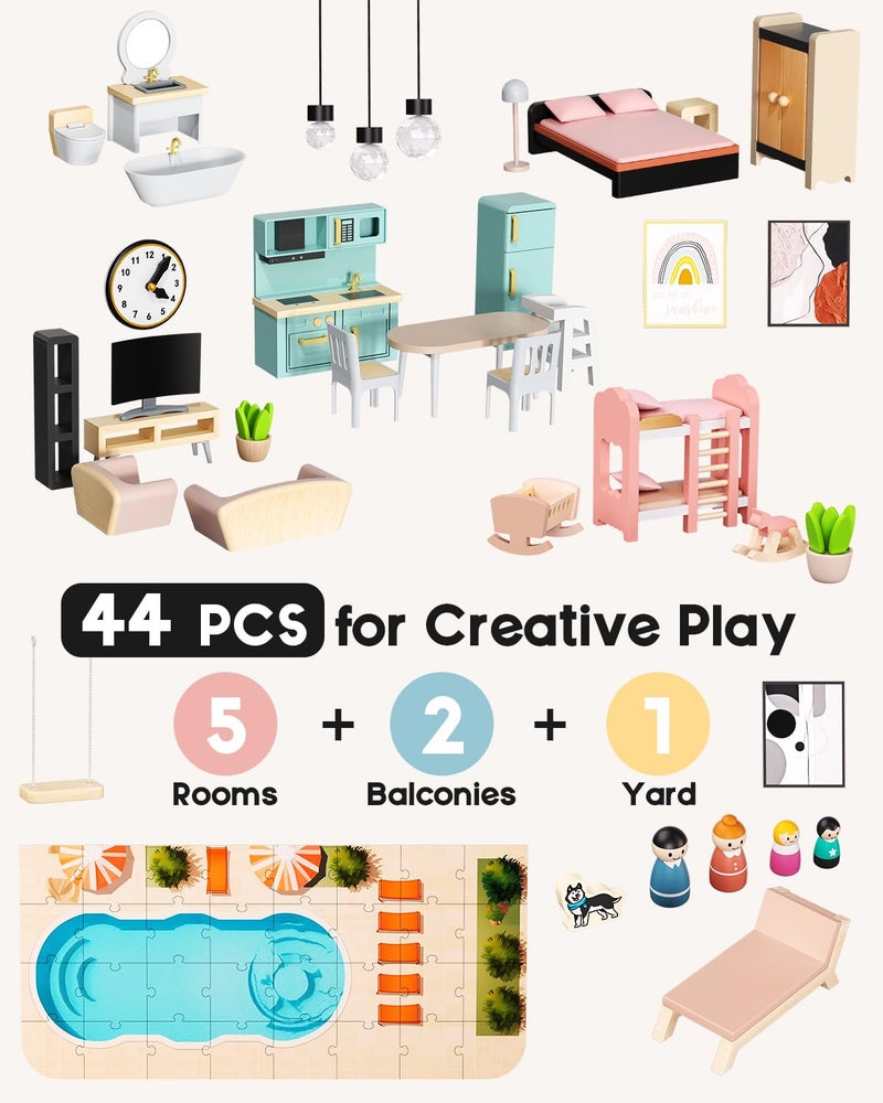 BIERUM Wooden Dollhouse, Large Modern Doll House with 44Pcs Furniture Accessories, Dolls & Pets, DIY Puzzle Pool Yard, Wood Dollhouse Toy for Toddlers 3+, Ideal Gift for Boys and Girls (Black) - Image 5