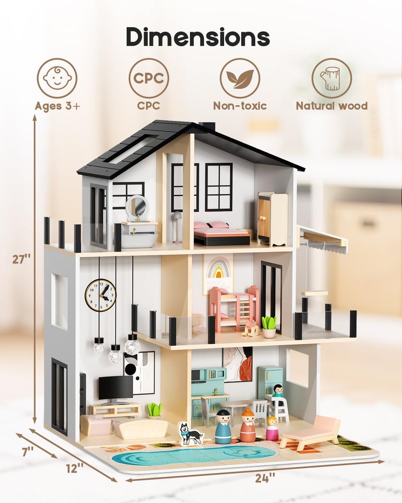 BIERUM Wooden Dollhouse, Large Modern Doll House with 44Pcs Furniture Accessories, Dolls & Pets, DIY Puzzle Pool Yard, Wood Dollhouse Toy for Toddlers 3+, Ideal Gift for Boys and Girls (Black) - Image 2