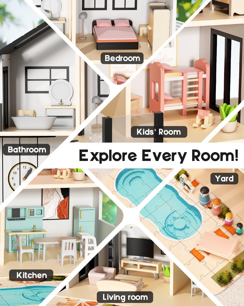 BIERUM Wooden Dollhouse, Large Modern Doll House with 44Pcs Furniture Accessories, Dolls & Pets, DIY Puzzle Pool Yard, Wood Dollhouse Toy for Toddlers 3+, Ideal Gift for Boys and Girls (Black) - Image 4