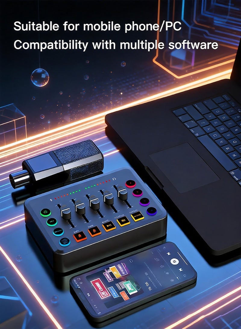 بطاقة صوت وخلاط ألعاب F9 RGB، واجهة صوت USB مع طاقة فانتوم 48 فولت، منفذ ميكروفون XLR، منزلق مستوى الصوت، تقليل ضوضاء DSP بزر واحد، يعمل فوراً مع الكمبيوتر والهاتف، للبودكاست والتسجيل والألعاب والبث المباشر على تيك توك ويوتيوب - Image 2