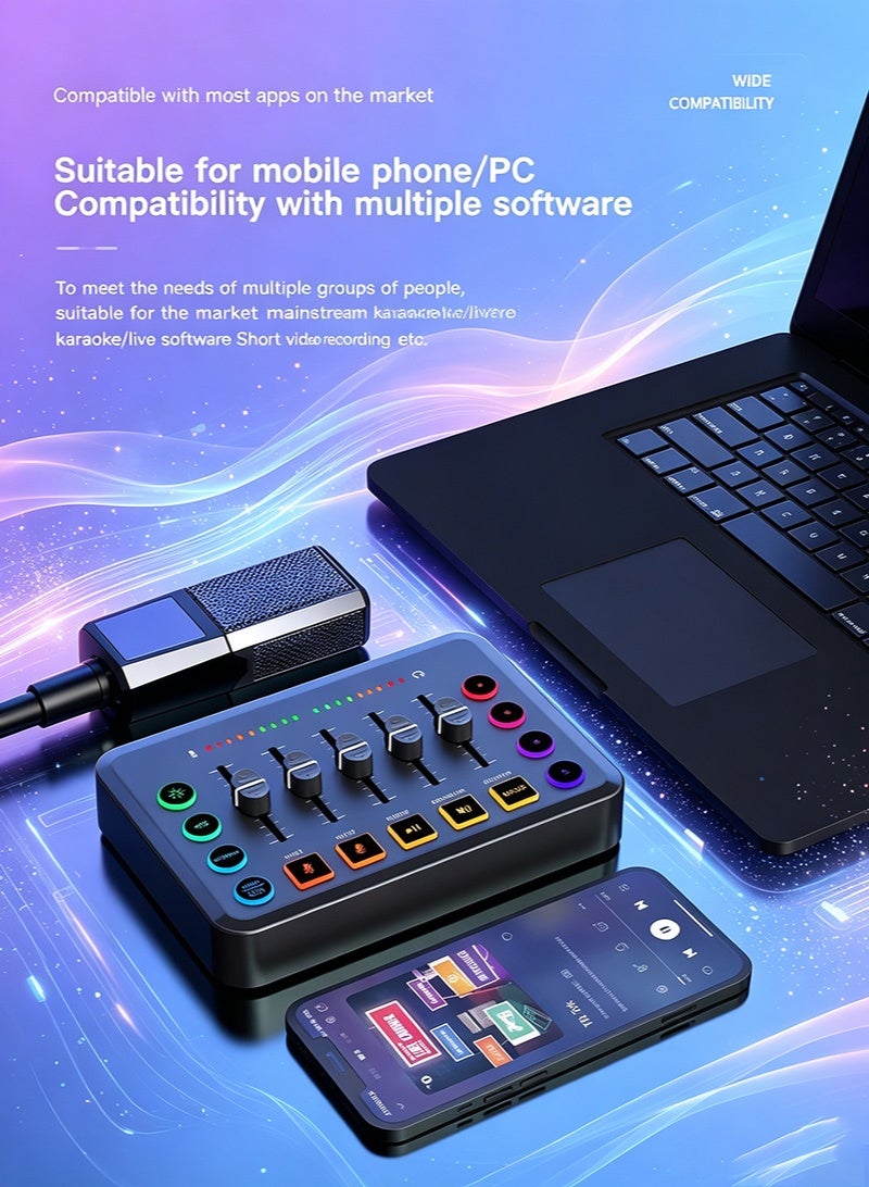 بطاقة صوت وخلاط ألعاب F9 RGB، واجهة صوت USB مع طاقة فانتوم 48 فولت، منفذ ميكروفون XLR، منزلق مستوى الصوت، تقليل ضوضاء DSP بزر واحد، يعمل فوراً مع الكمبيوتر والهاتف، للبودكاست والتسجيل والألعاب والبث المباشر على تيك توك ويوتيوب - Image 5