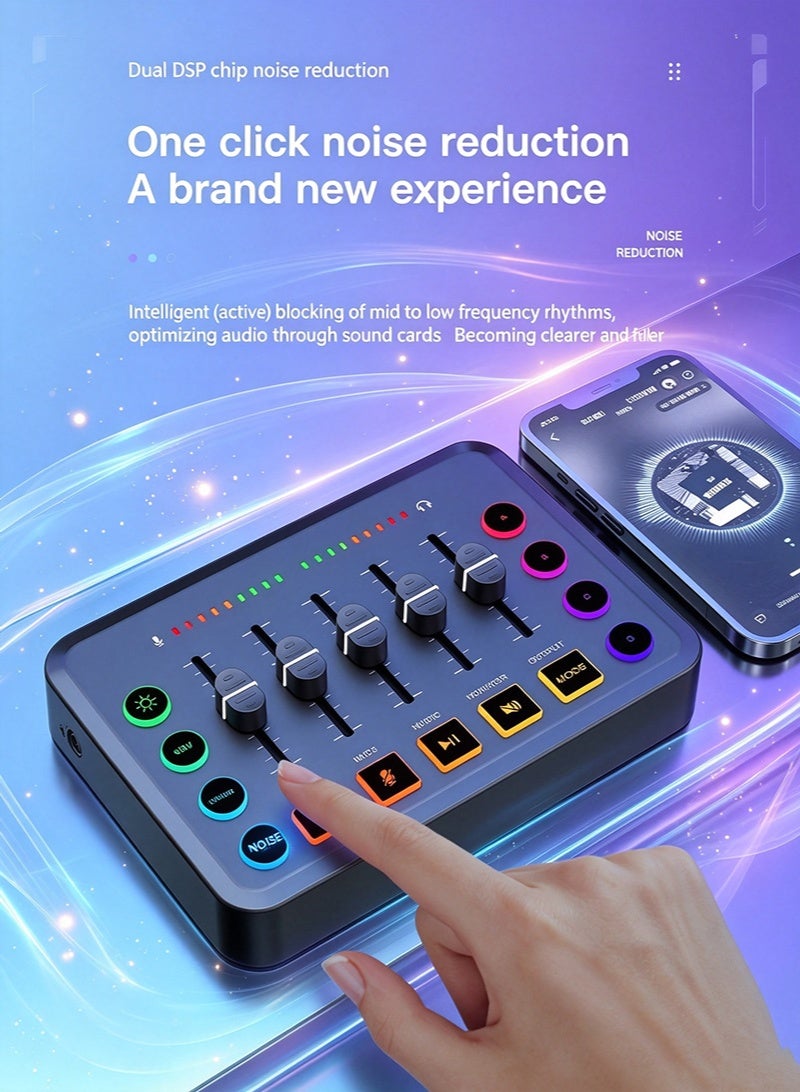 بطاقة صوت وخلاط ألعاب F9 RGB، واجهة صوت USB مع طاقة فانتوم 48 فولت، منفذ ميكروفون XLR، منزلق مستوى الصوت، تقليل ضوضاء DSP بزر واحد، يعمل فوراً مع الكمبيوتر والهاتف، للبودكاست والتسجيل والألعاب والبث المباشر على تيك توك ويوتيوب - Image 4