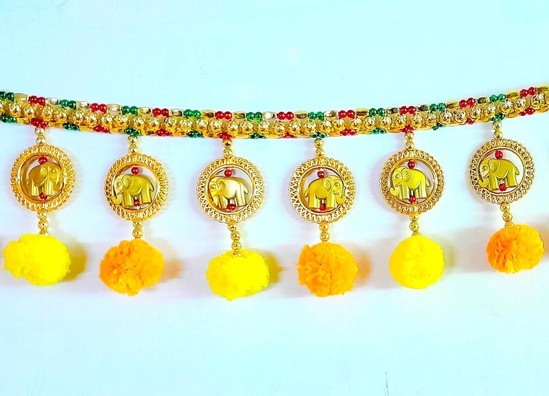 SUVIZAN ENTERPRISE SUVIZAN ENTERPRISE Bright Golden Round Ring Elephant Traditional Toran for Entrance Door Marigold Zula Bandhanwar Main Door Toran Size 3 Feet 36 Inch Matirial Plastic Also Use for Home Puja Mandir  - Image 1