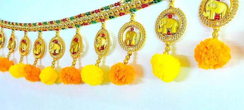 SUVIZAN ENTERPRISE SUVIZAN ENTERPRISE Bright Golden Round Ring Elephant Traditional Toran for Entrance Door Marigold Zula Bandhanwar Main Door Toran Size 3 Feet 36 Inch Matirial Plastic Also Use for Home Puja Mandir  - Image 5