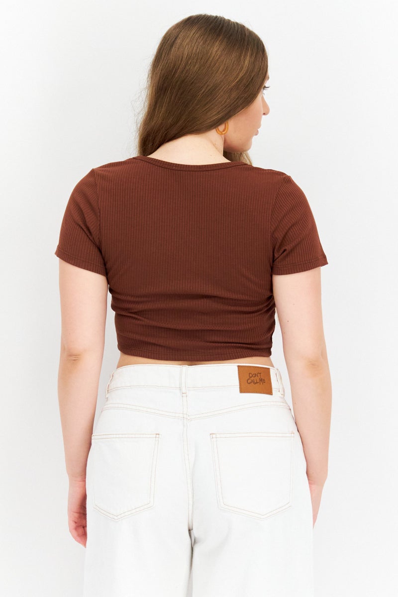 Endless Blu Women Round Neck Short Sleeve Textured Top, Brown - Image 4