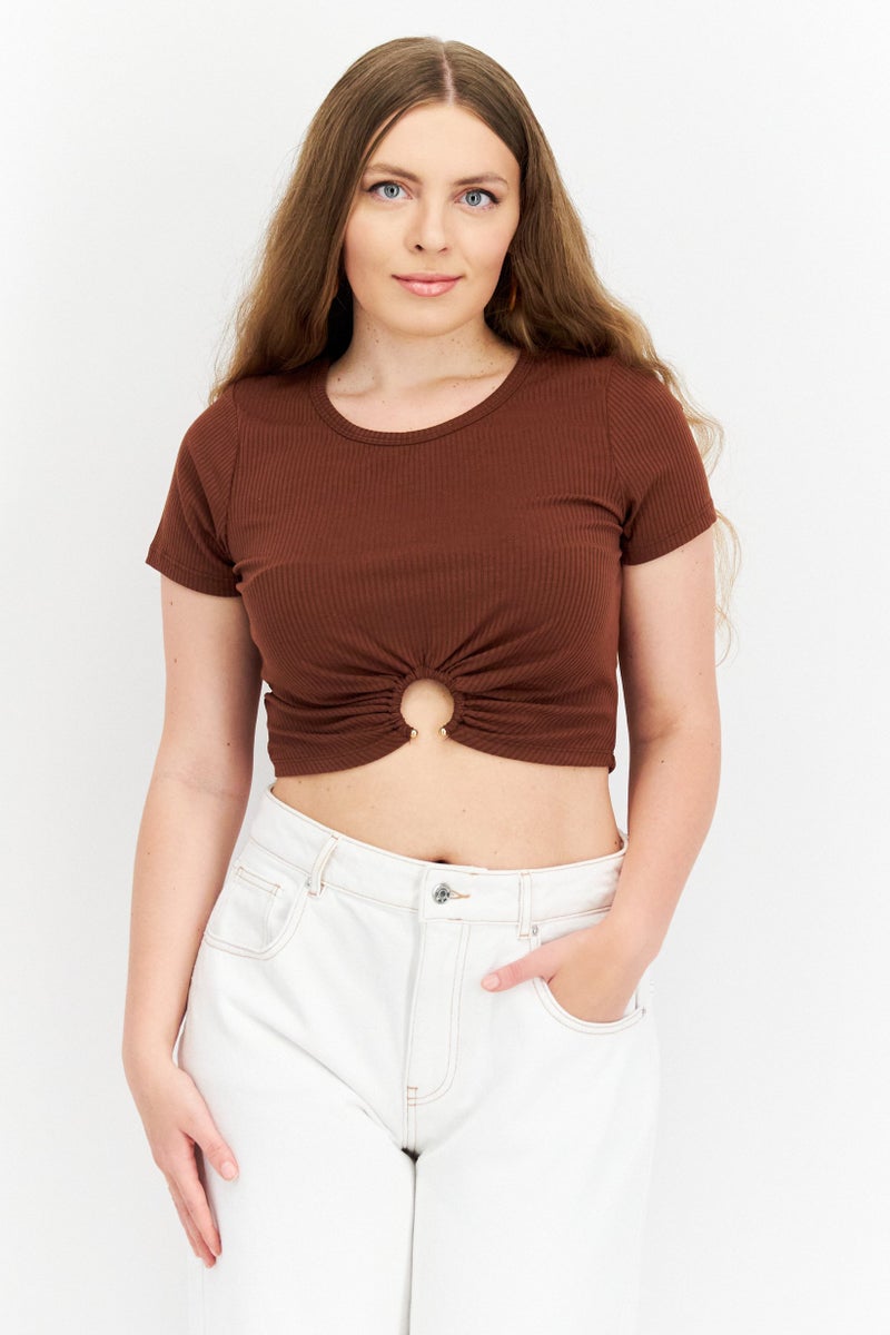 Endless Blu Women Round Neck Short Sleeve Textured Top, Brown - Image 1