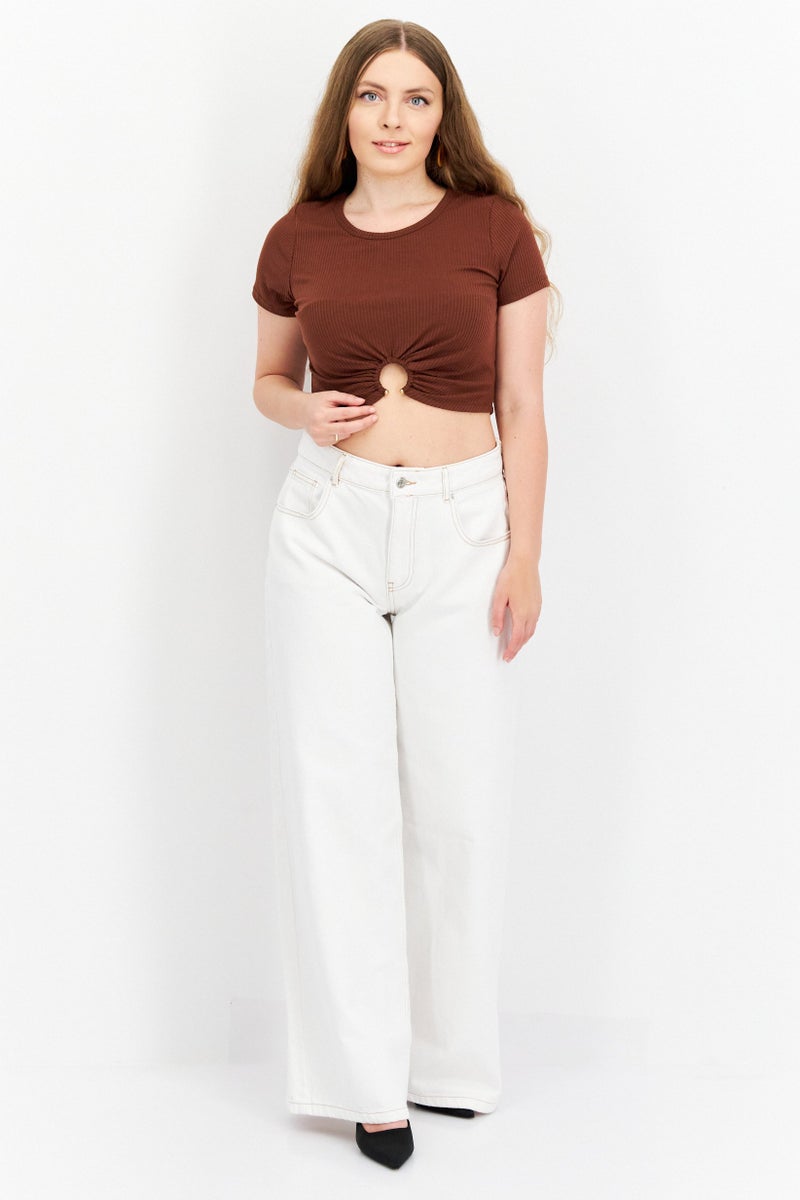 Endless Blu Women Round Neck Short Sleeve Textured Top, Brown - Image 3