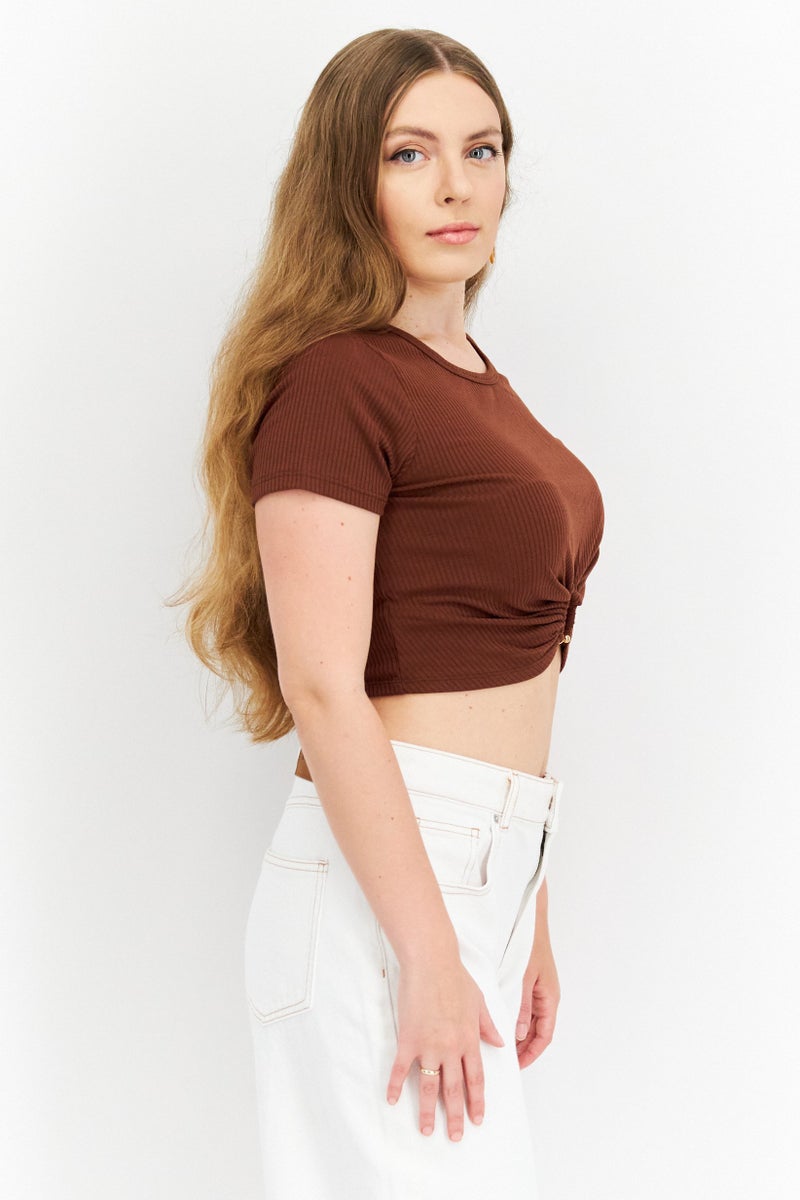 Endless Blu Women Round Neck Short Sleeve Textured Top, Brown - Image 2