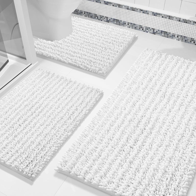 يموبرا طقم سجاد حمام ييموبرا 3 قطع، سجاد حمام شنيلي ناعم ورقيق مع سجادة مرحاض على شكل حرف U، سجادة دش وبرية ناعمة ماصة غير قابلة للانزلاق للمغسلة، سجادة غرفة الغسيل، قابلة للغسل في الغسالة، أبيض - Image 1
