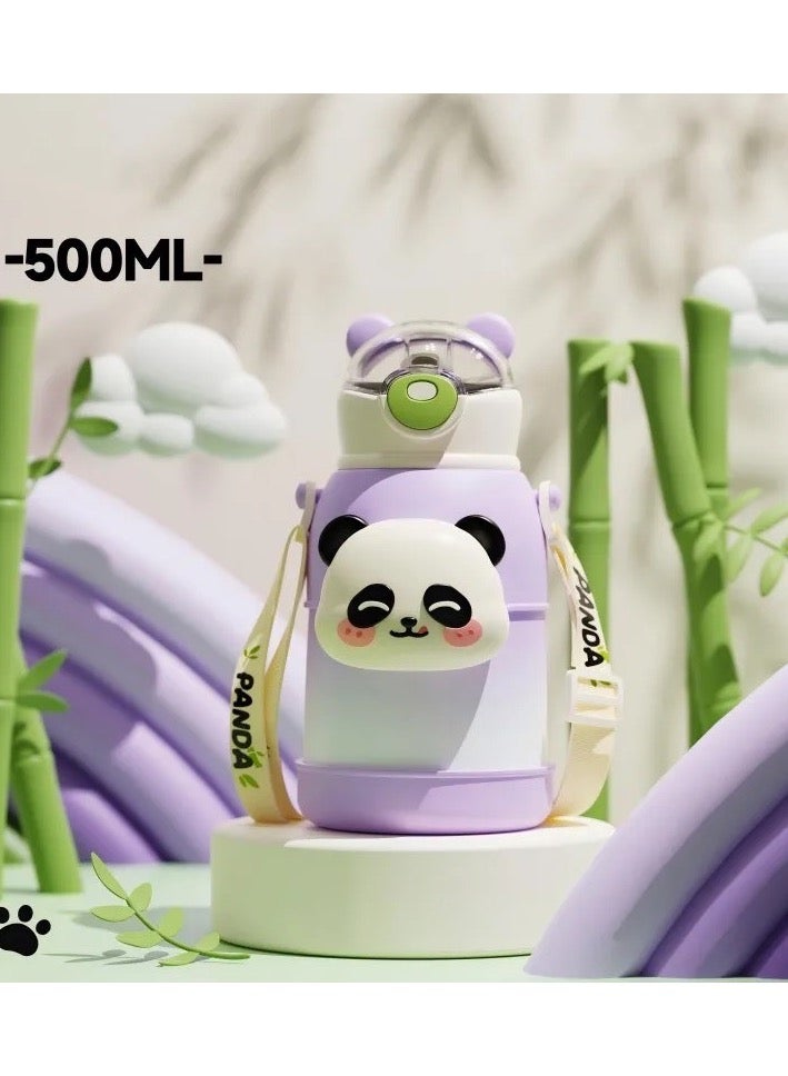 ريمي بيلا زجاجة ترمس أطفال على شكل باندا، مصنوعة من الفولاذ المقاوم للصدأ المعزول، بسعة 500 مل، مع شفاطة للأطفال بنفسجي - Image 1