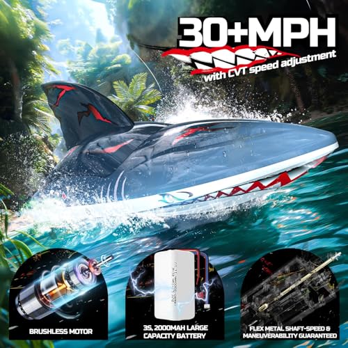 DEERC Fast Brushless RC Boat for Adults 30MPH 3S High Speed Remote Control Boat Selfrighting 24Ghz Speed Shark with LED Lights Summer Toy Gift for Kids - Image 5