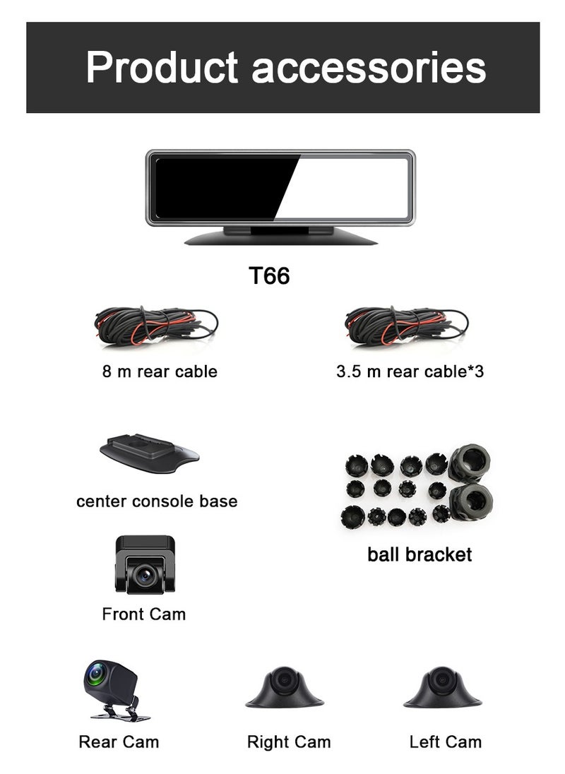 Furtey - 12 in IPS Display Touch Screen Tachograph , Dash Camera , All around  Camera Driving Recorder , 360°Wide Angle Support Night-Vision, Loop Recording ,Reverse monitoring , Time-mark Motion Detection etc - Image 1
