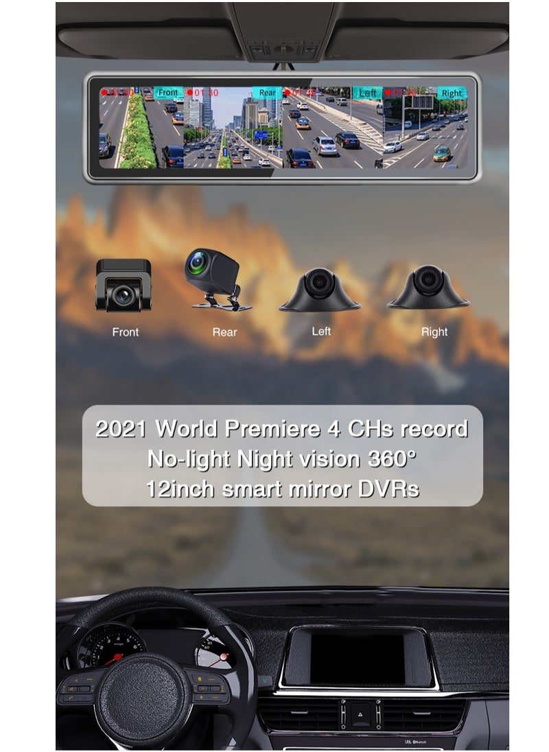 Furtey - 12 in IPS Display Touch Screen Tachograph , Dash Camera , All around  Camera Driving Recorder , 360°Wide Angle Support Night-Vision, Loop Recording ,Reverse monitoring , Time-mark Motion Detection etc - Image 1