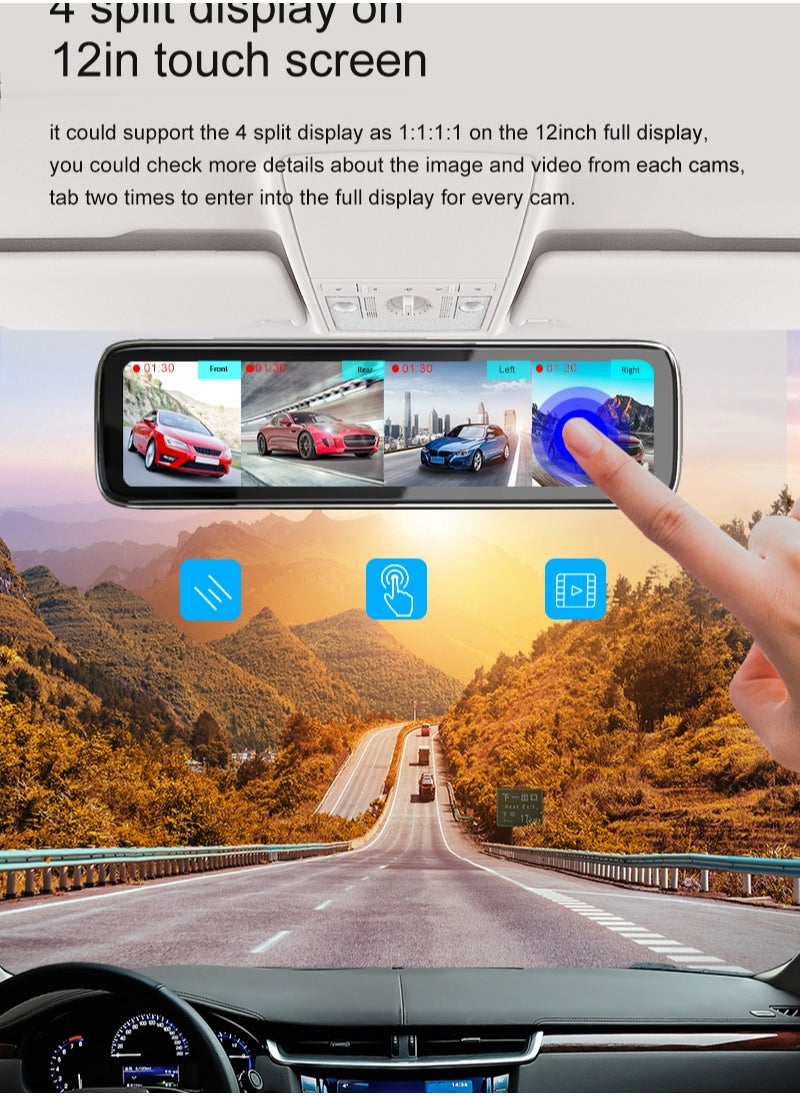 Furtey - 12 in IPS Display Touch Screen Tachograph , Dash Camera , All around  Camera Driving Recorder , 360°Wide Angle Support Night-Vision, Loop Recording ,Reverse monitoring , Time-mark Motion Detection etc - Image 1