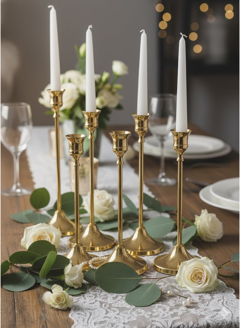 Set of 6 Gold Metal Taper Candle Holders, Candlestick Holders, Vintage Modern Decorative Centerpiece Candlestick Holders for Table Mantel Wedding Ramadan Housewarming Gift - Image 1