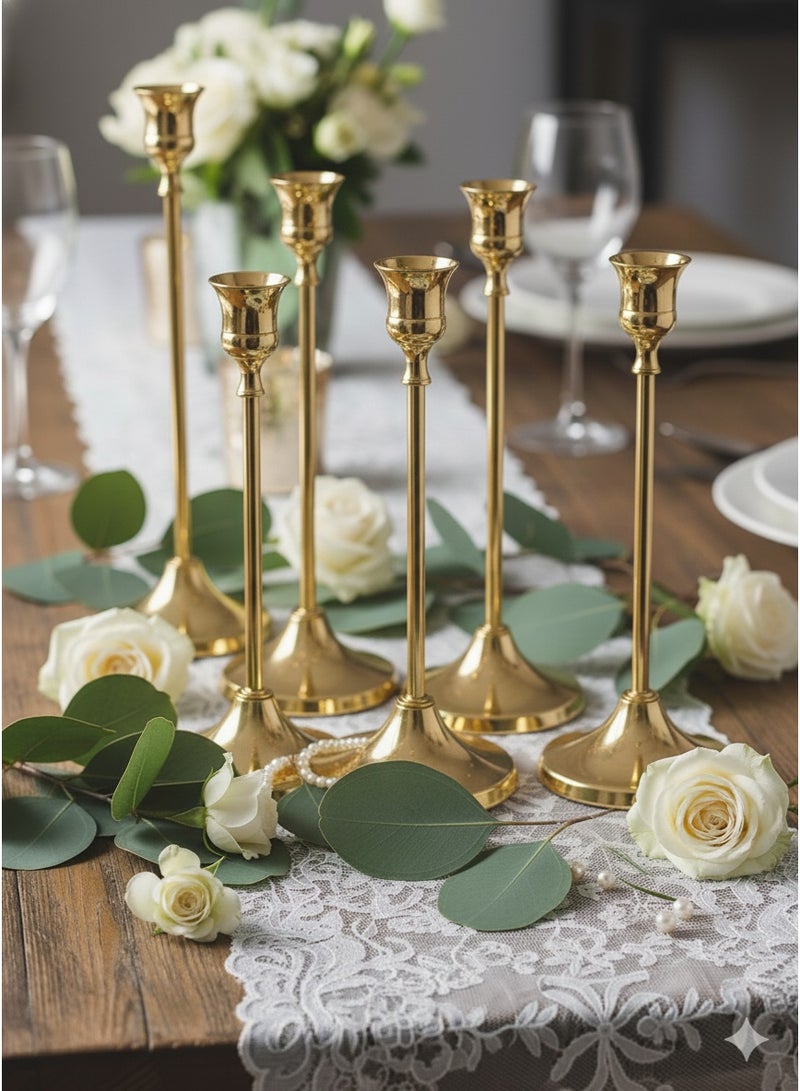 Set of 6 Gold Metal Taper Candle Holders, Candlestick Holders, Vintage Modern Decorative Centerpiece Candlestick Holders for Table Mantel Wedding Ramadan Housewarming Gift - Image 2