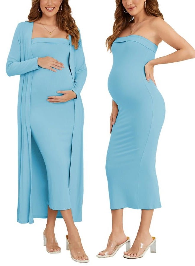 Ecavus Maternity Tube Dress Long Cardigan 2 Piece for Baby Shower and Wedding Guest Ribbed Maternity Photoshoot Dresses, Light Blue, L - Image 1
