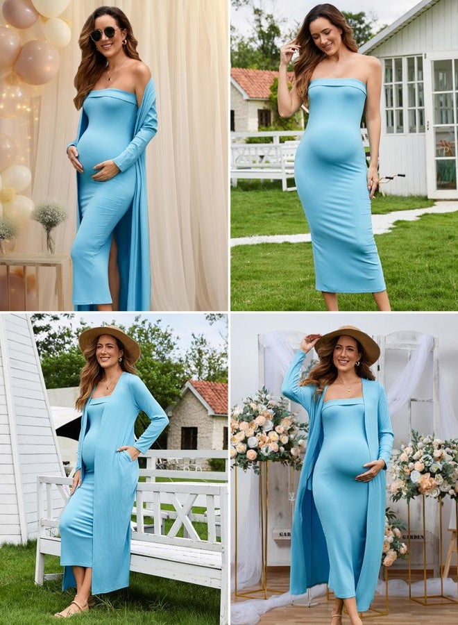 Ecavus Maternity Tube Dress Long Cardigan 2 Piece for Baby Shower and Wedding Guest Ribbed Maternity Photoshoot Dresses, Light Blue, L - Image 4