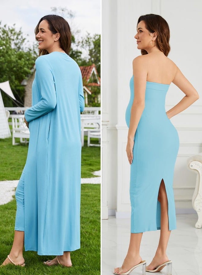 Ecavus Maternity Tube Dress Long Cardigan 2 Piece for Baby Shower and Wedding Guest Ribbed Maternity Photoshoot Dresses, Light Blue, L - Image 5