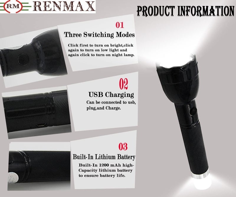 RENMAX Plastic LED Torch Flashlight Tail Light Rechargeable Water Resistant Tracking Black 1Pc Tripple Mode Pocket Friendly 300 Lumens - Image 4