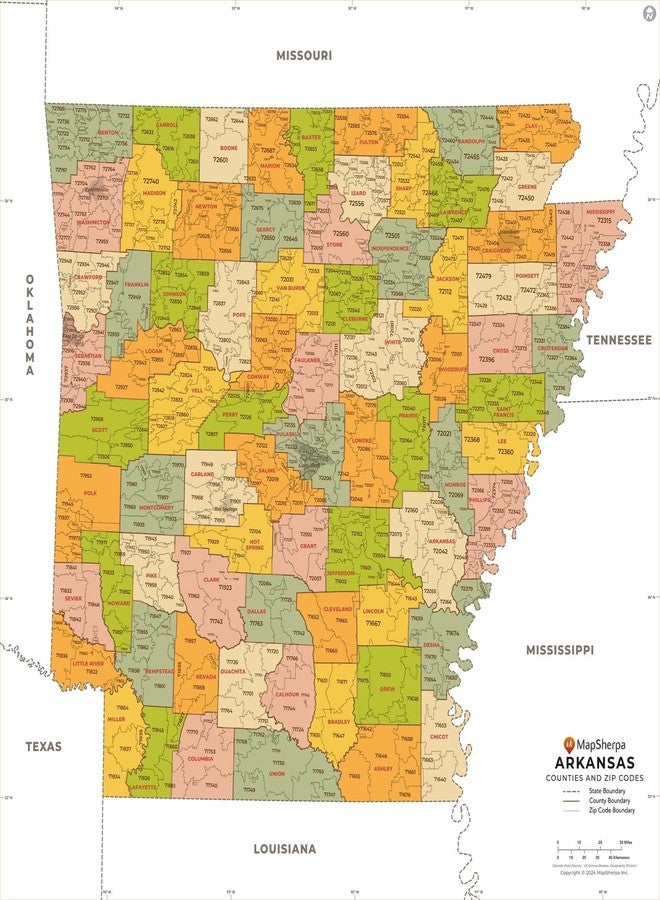 MapSherpa خريطة رموز بريدية لأركنساس مع المقاطعات - قياسية - ملصق 36 × 36 بوصة - تغليف أمامي - Image 1