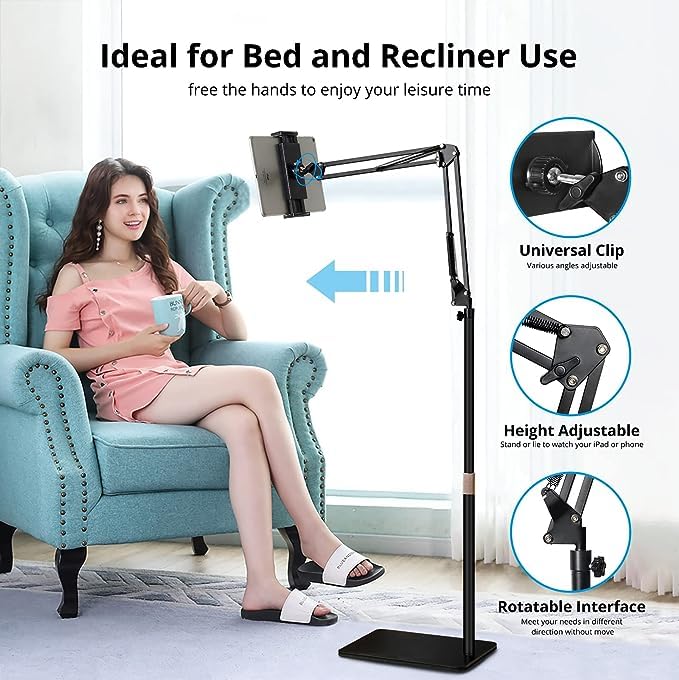 HOLD UP Tablet Floor Stand, Adjustable Height Free Angle Extension Scissor Arm, Holder Fits 4.7-12.9 inch iPad Pro Air iPhone Tablet/Phones - Image 4