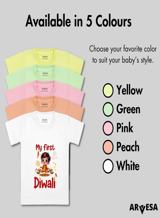 ARVESA My First Diwali TS-1755 Diwali Baby Tshirt for Kids Boys & Girls Half Sleeves Round Neck Clothes Tshirt for Kids Boys 1 Months to 6 Years Dress Yellow - Image 4