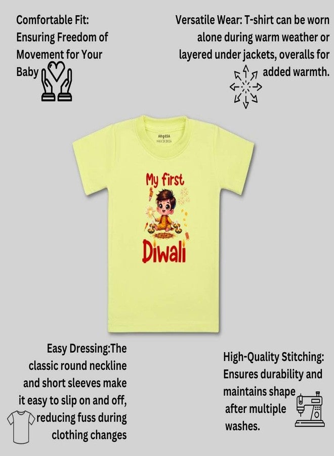 ARVESA My First Diwali TS-1755 Diwali Baby Tshirt for Kids Boys & Girls Half Sleeves Round Neck Clothes Tshirt for Kids Boys 1 Months to 6 Years Dress Yellow - Image 3