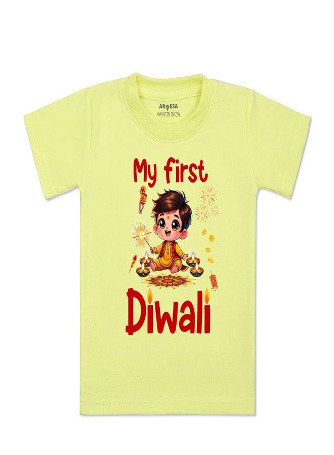 ARVESA My First Diwali TS-1755 Diwali Baby Tshirt for Kids Boys & Girls Half Sleeves Round Neck Clothes Tshirt for Kids Boys 1 Months to 6 Years Dress Yellow - Image 1