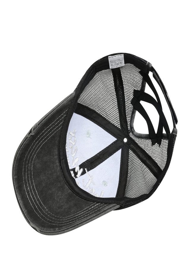 FOHEEL Criss Cross Ponytail Hat Baseball Caps for Women Mesh Back Distressed Messy Trucker Hat Pony Embroidery Hiking Golf Running Hats - Image 3