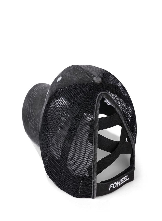 FOHEEL Criss Cross Ponytail Hat Baseball Caps for Women Mesh Back Distressed Messy Trucker Hat Pony Embroidery Hiking Golf Running Hats - Image 2