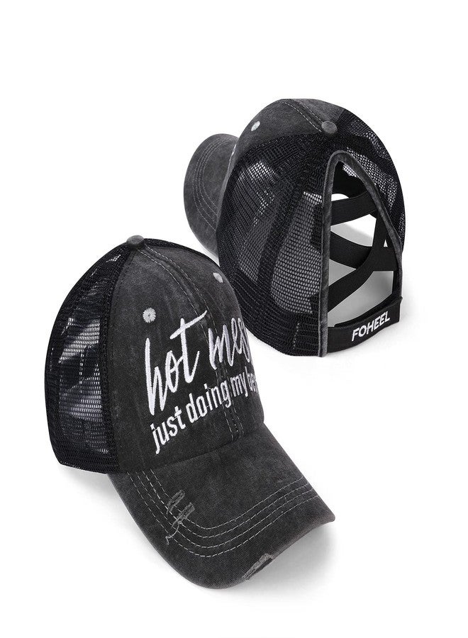 FOHEEL Criss Cross Ponytail Hat Baseball Caps for Women Mesh Back Distressed Messy Trucker Hat Pony Embroidery Hiking Golf Running Hats - Image 1