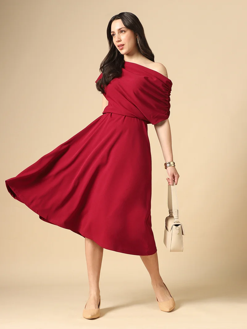 globus Globus Women Maroon One Shoulder Ruched Sleeve Self Design Fit & Flare Midi Dress