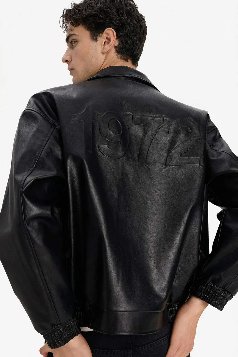 Defacto Oversize Fit Shirt Collar Zip-Up Faux Leather Jacket