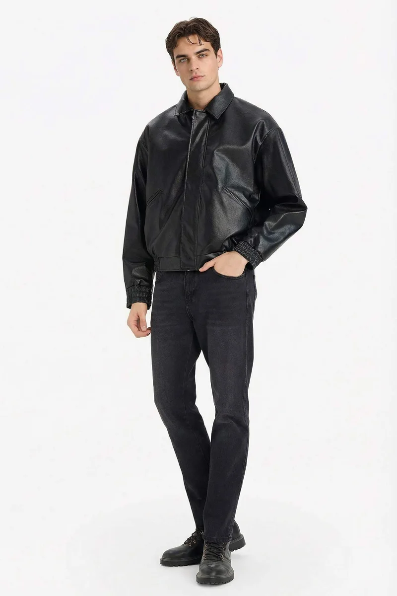 Defacto Oversize Fit Shirt Collar Zip-Up Faux Leather Jacket