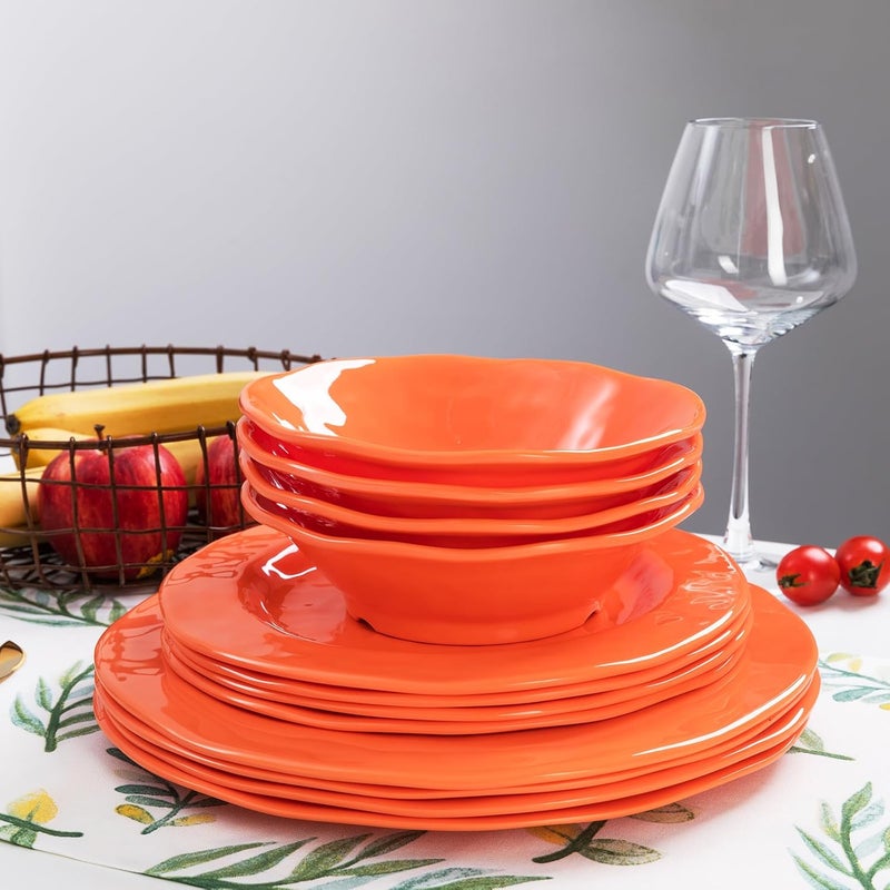 LEHAHA Orange Melamine Dinnerware Set 12 Piece Kitchen Tableware Plates Bowls Dishes Set Lightweight Unbreakable Dinnerware Set for 4 Dishwasher Safe and BPA free - Image 5